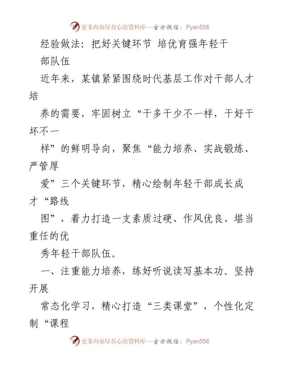 [工作总结] 干部培训 - 打造优秀年轻干部队伍的经验做法.docx_第1页