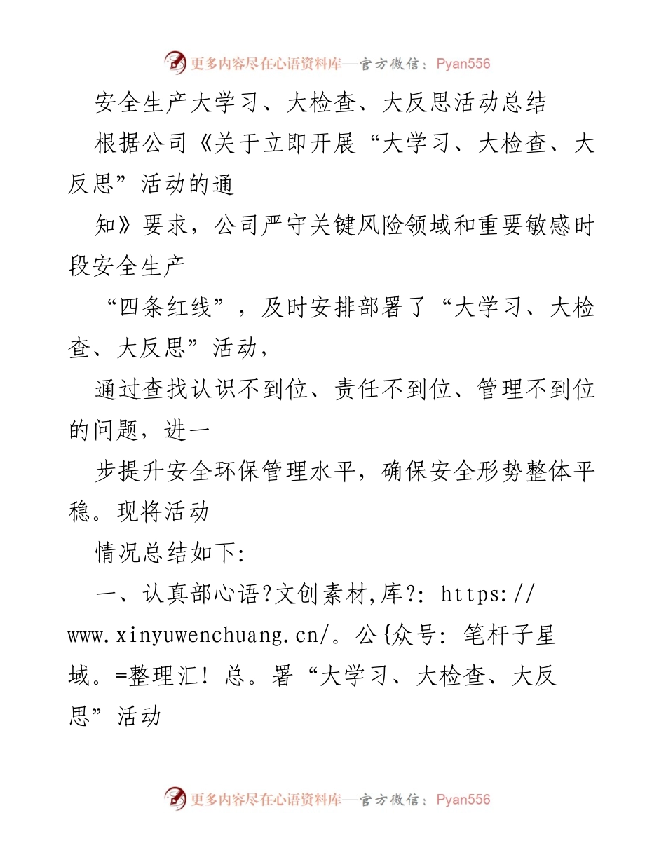 [工作总结] 安全生产活动 - 安全生产大学习、大检查、大反思活动总结.docx_第1页