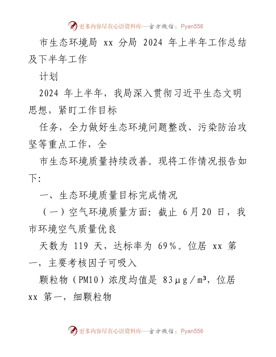 [工作总结] 市生态环境局 - 2024年上半年生态环境工作总结及下半年计划.docx_第1页