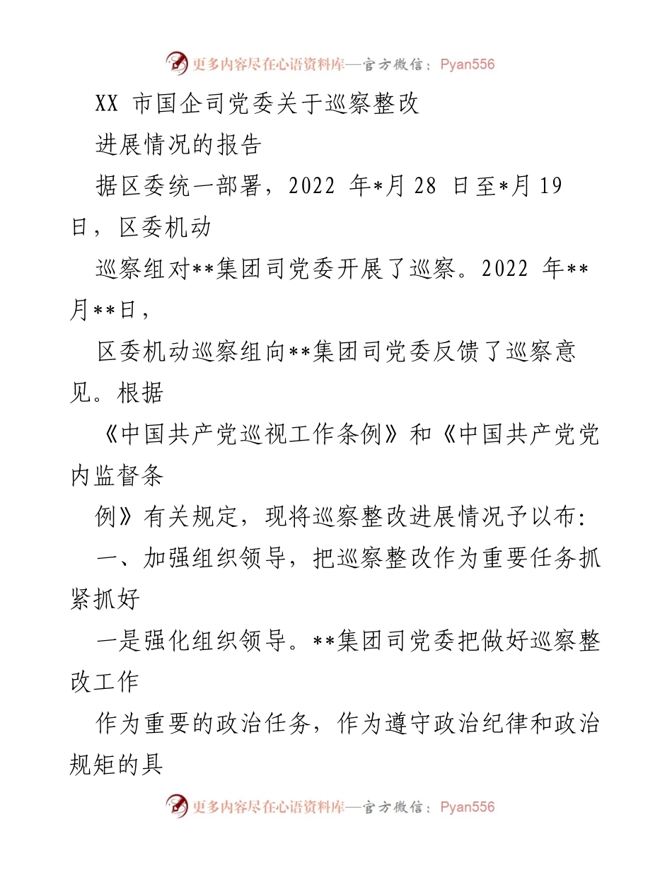 [工作总结] 巡察整改 - XX市国企司党委巡察整改进展情况报告.docx_第1页