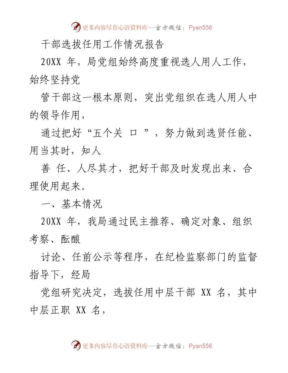 [工作总结] 干部选拔任用 - 20XX年干部选拔任用工作情况总结报告.docx_第1页