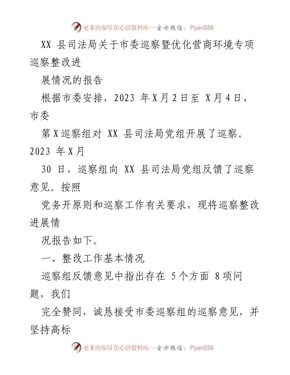 [工作总结] 巡察整改 - XX县司法局市委巡察整改进展情况报告.docx_第1页