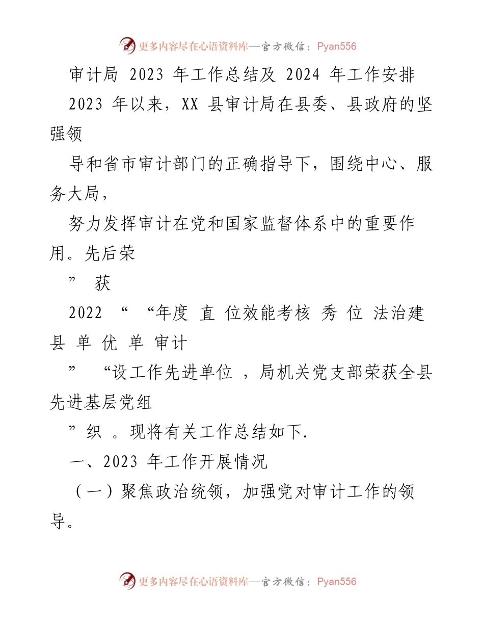 [工作总结] 审计局 - 2023年度审计局工作总结及2024年度工作计划.docx_第1页