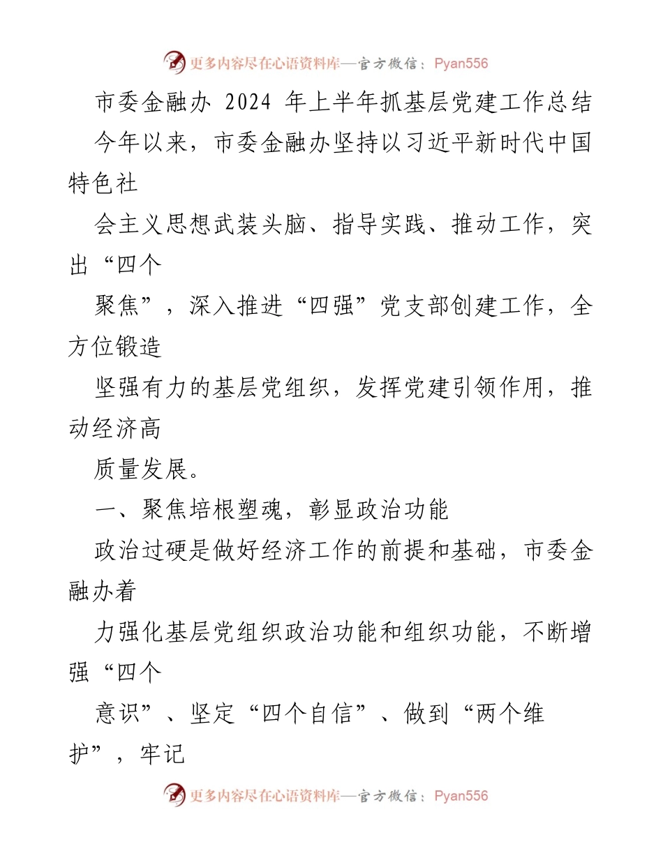 [工作总结] 市委金融办 - 2024年上半年基层党建工作总结.docx_第1页