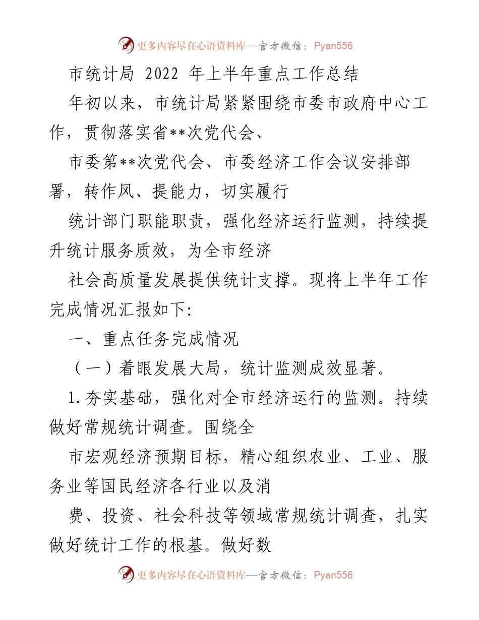 [工作总结] 市统计局 - 2022年上半年工作总结与统计服务成效.docx_第1页