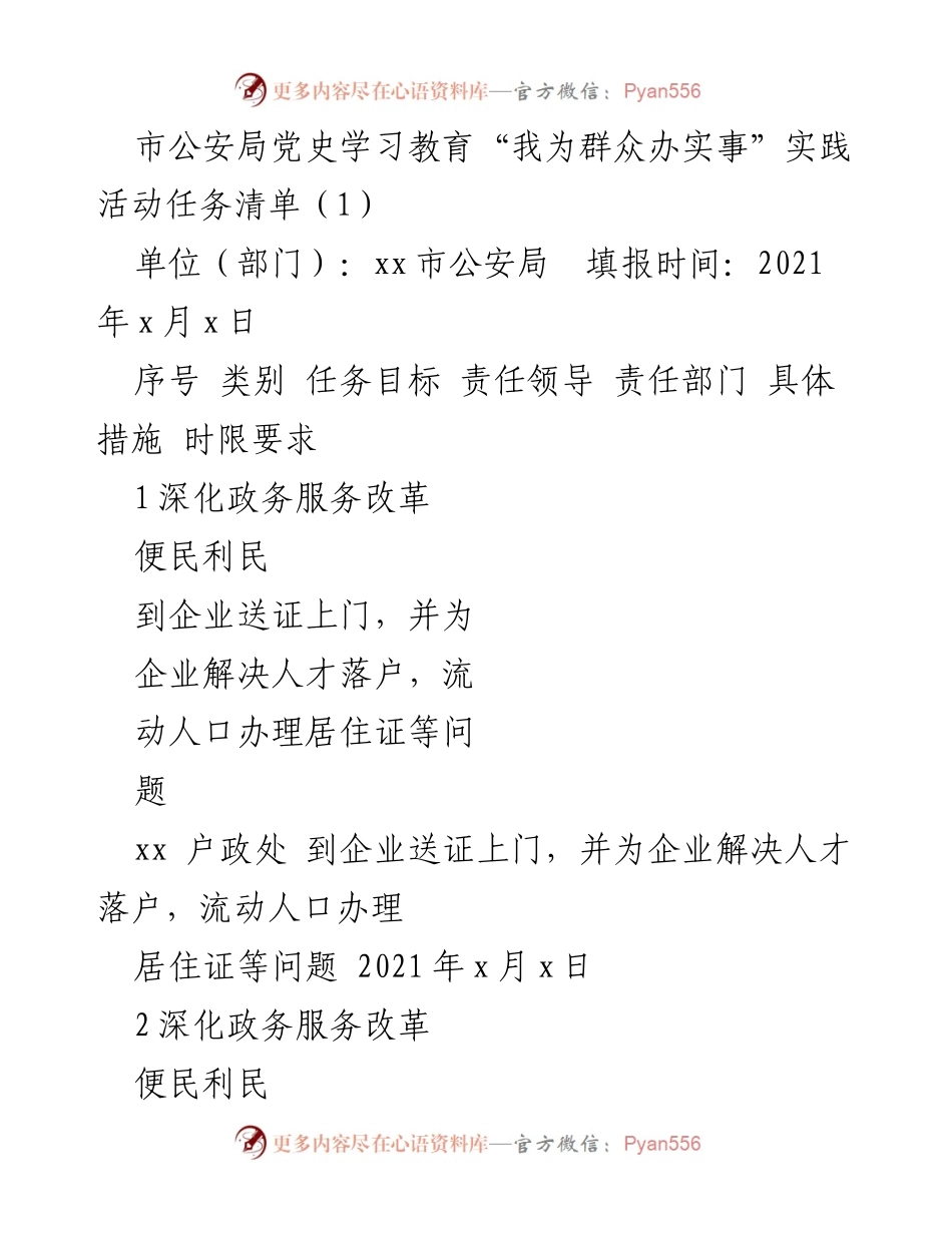 [工作总结] 市公安局 - 党史学习教育“我为群众办实事”实践活动任务清单.docx_第1页