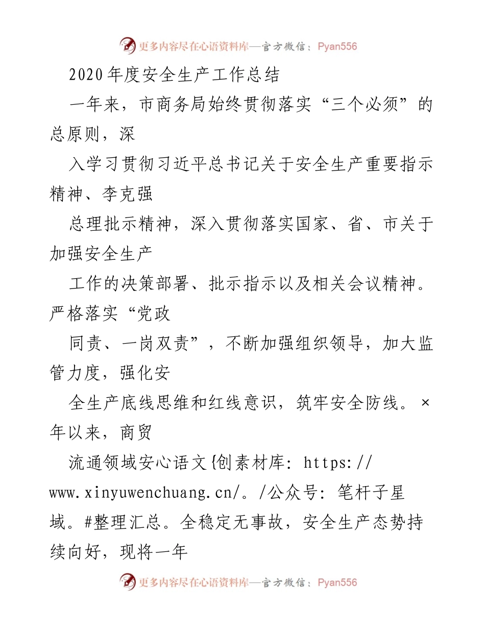 [工作总结] 年度总结 - 2020年度市商务局安全生产工作总结.docx_第1页