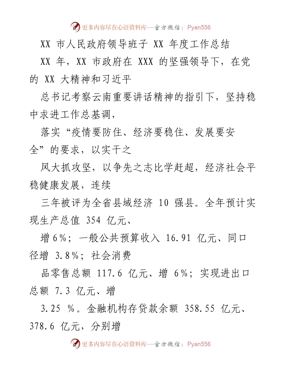 [工作总结] 市政府年度总结 - XX 市人民政府 XX 年度工作总结与经济社会发展报告.docx_第1页
