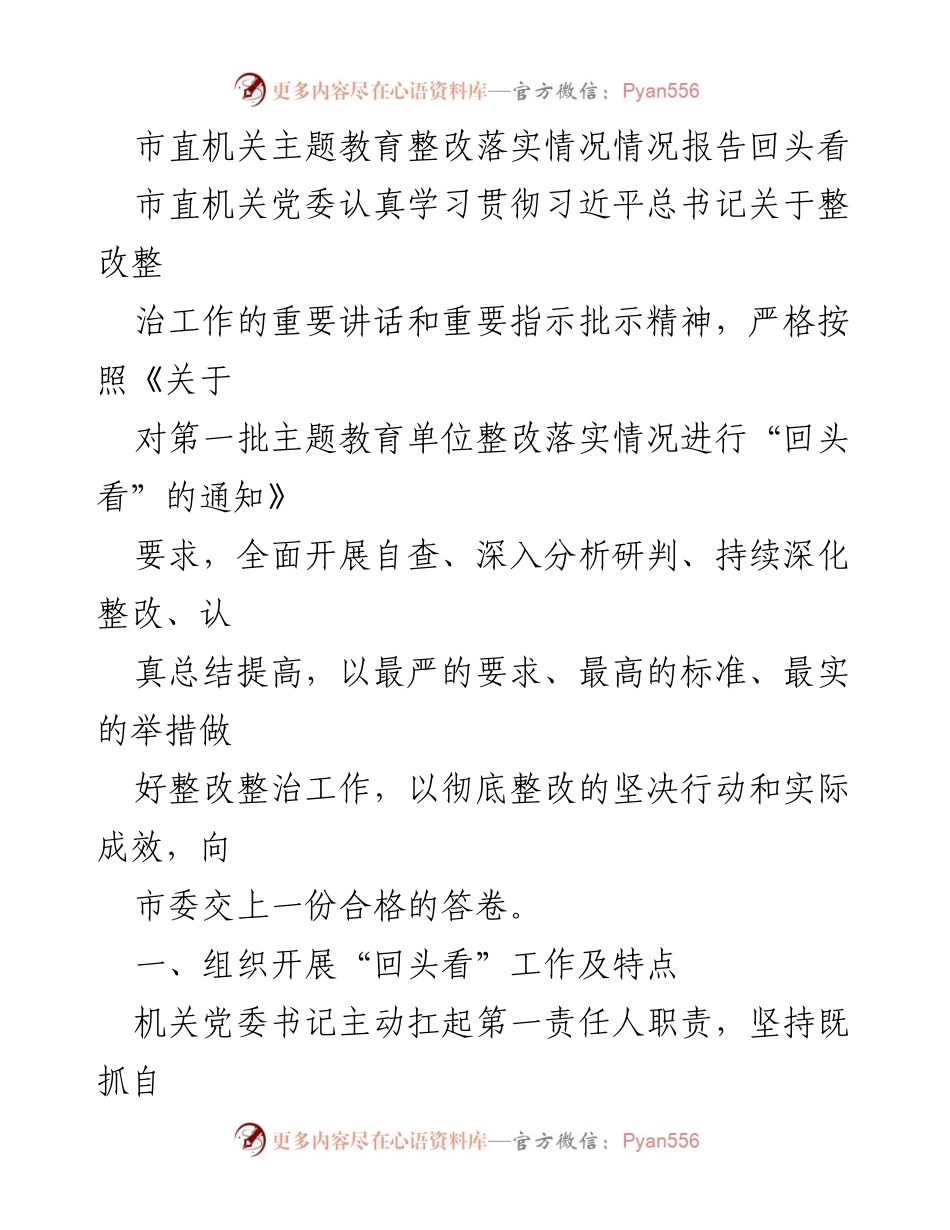 [工作总结] 市直机关 - 主题教育整改落实情况回头看报告.docx_第1页