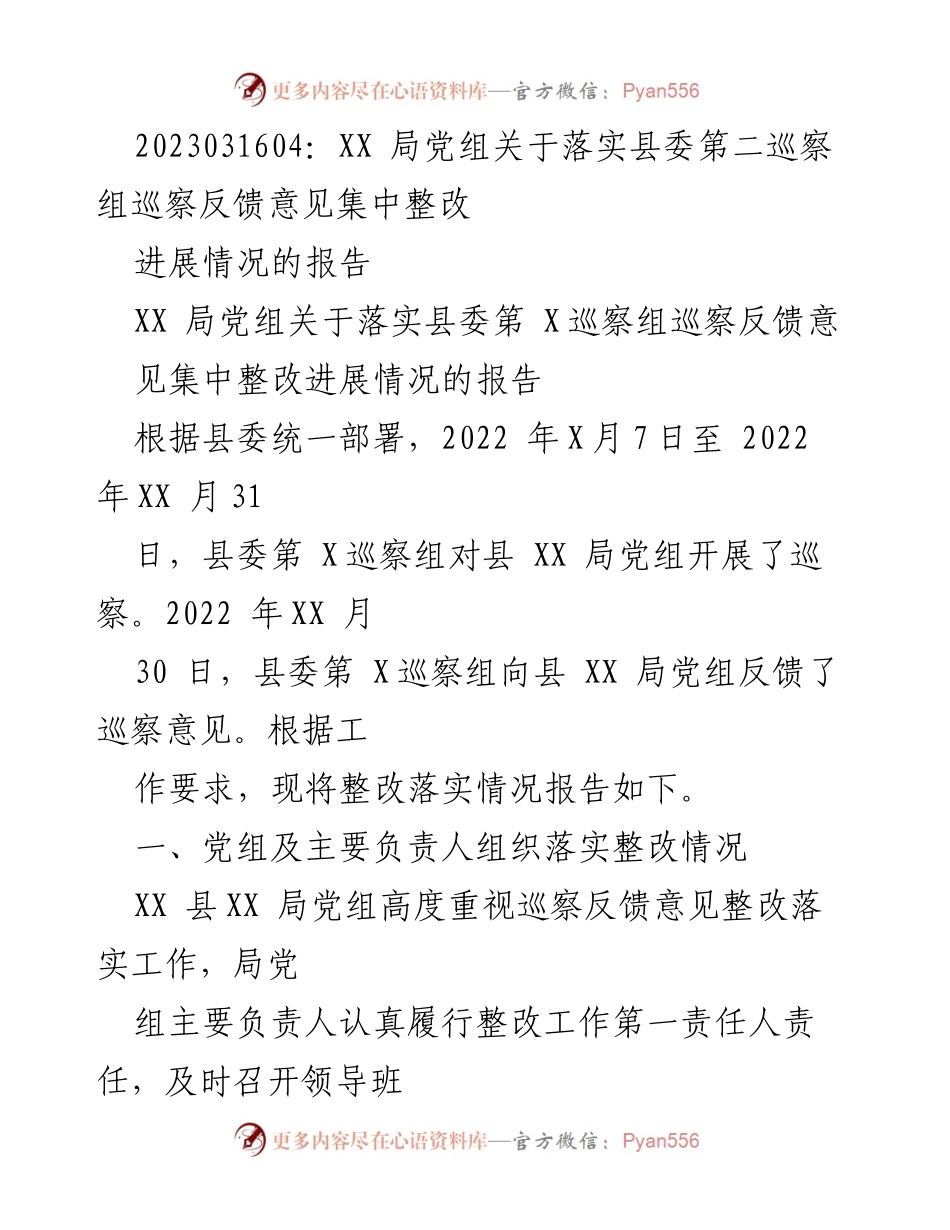 [工作总结] 巡察整改 - XX局党组巡察反馈意见整改落实情况报告.docx_第1页