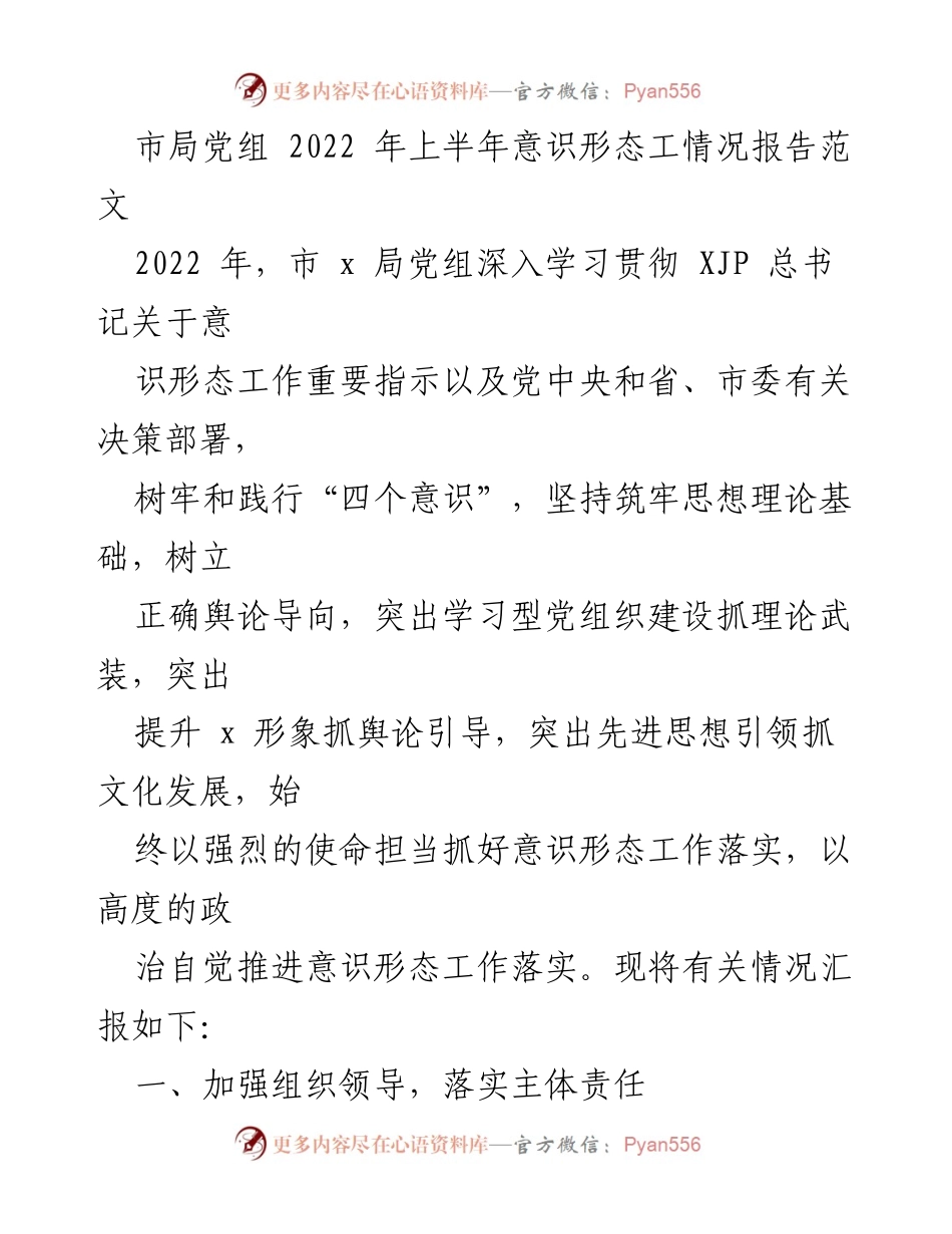[工作总结] 市局党组 - 2022年上半年意识形态工作情况报告.docx_第1页
