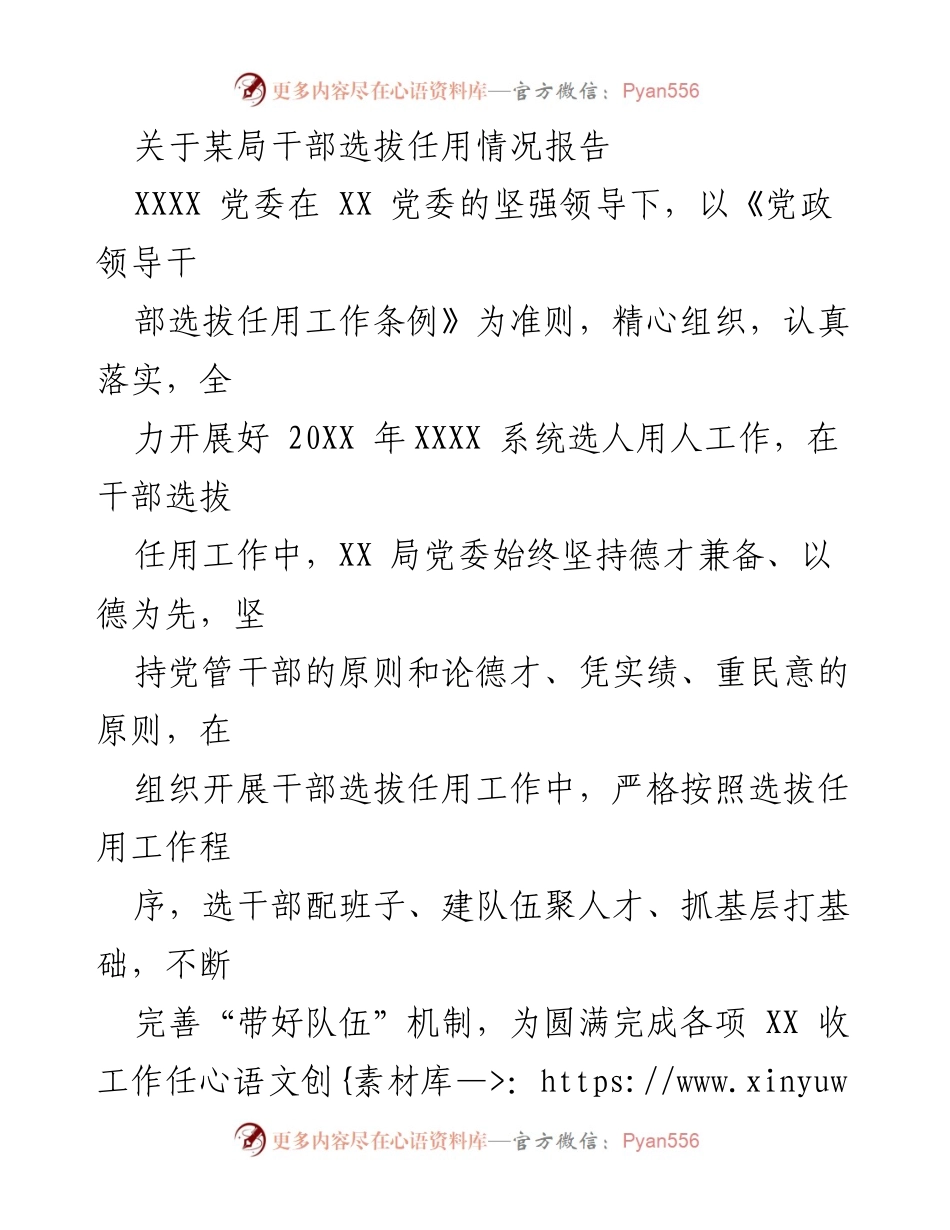 [工作总结] 干部选拔任用 - 关于某局干部选拔任用情况的工作总结报告.docx_第1页