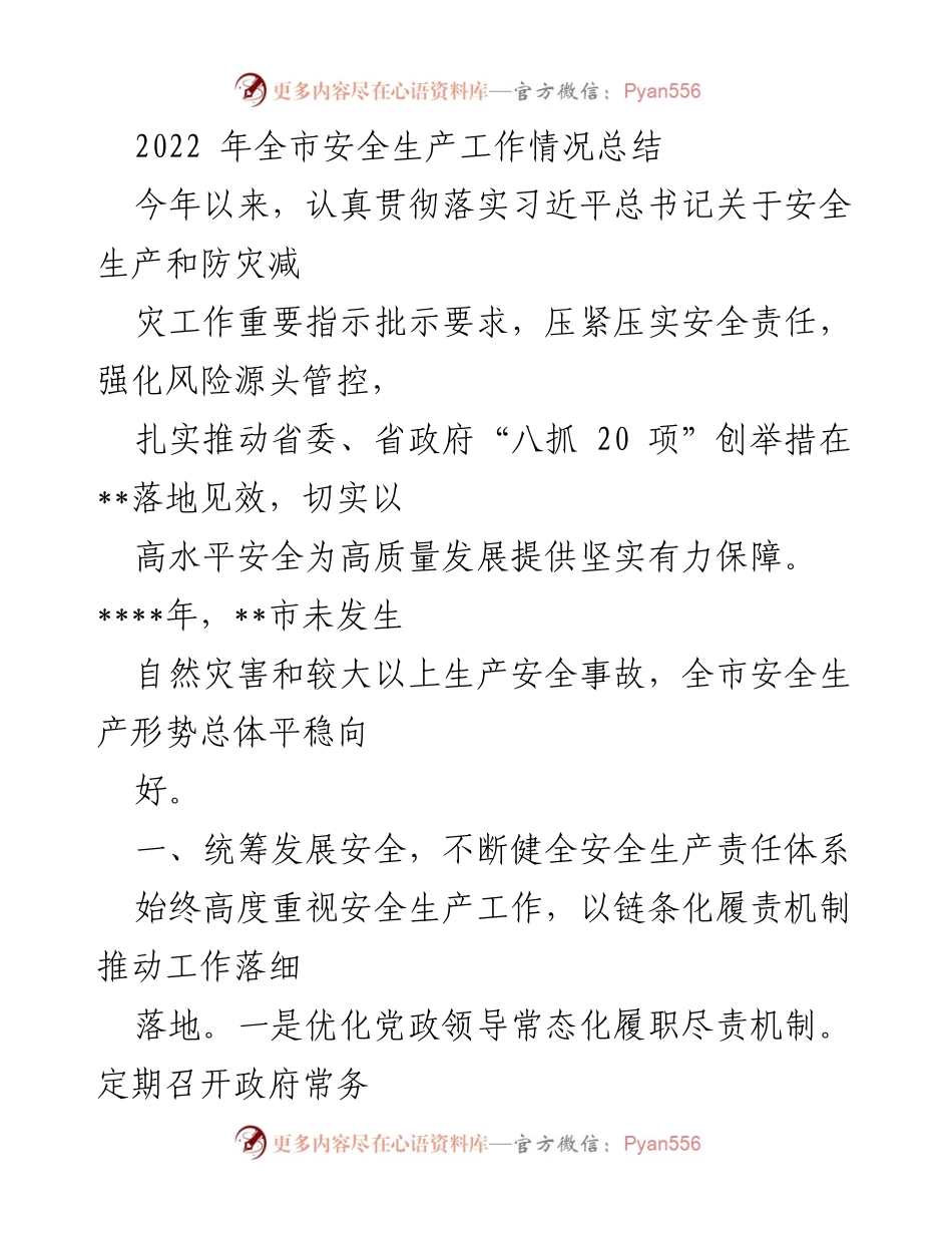 [工作总结] 安全生产 - 2022年全市安全生产工作情况总结.docx_第1页