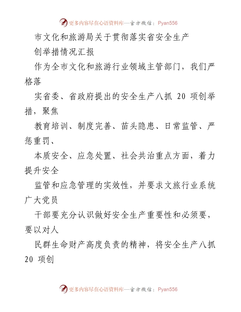 [工作总结] 安全生产落实 - 市文化和旅游局安全生产创举措情况汇报.docx_第1页
