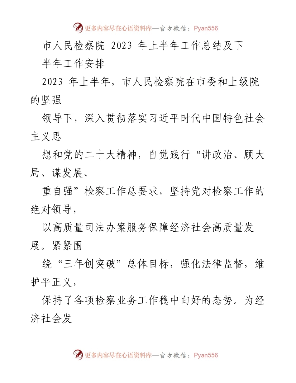 [工作总结] 市人民检察院 - 2023年上半年工作总结及下半年工作安排_1.docx_第1页