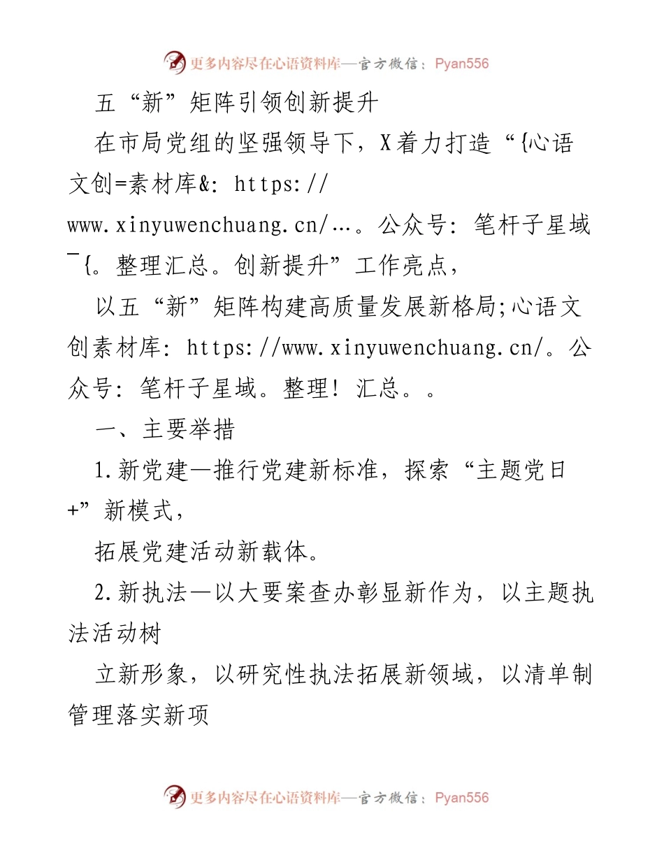 [工作总结] 市局工作会议 - 五“新”矩阵引领创新提升工作总结.docx_第1页