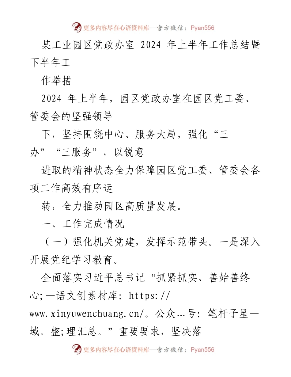 [工作总结] 工业园区党政办室 - 2024年上半年工作总结及下半年工作计划.docx_第1页