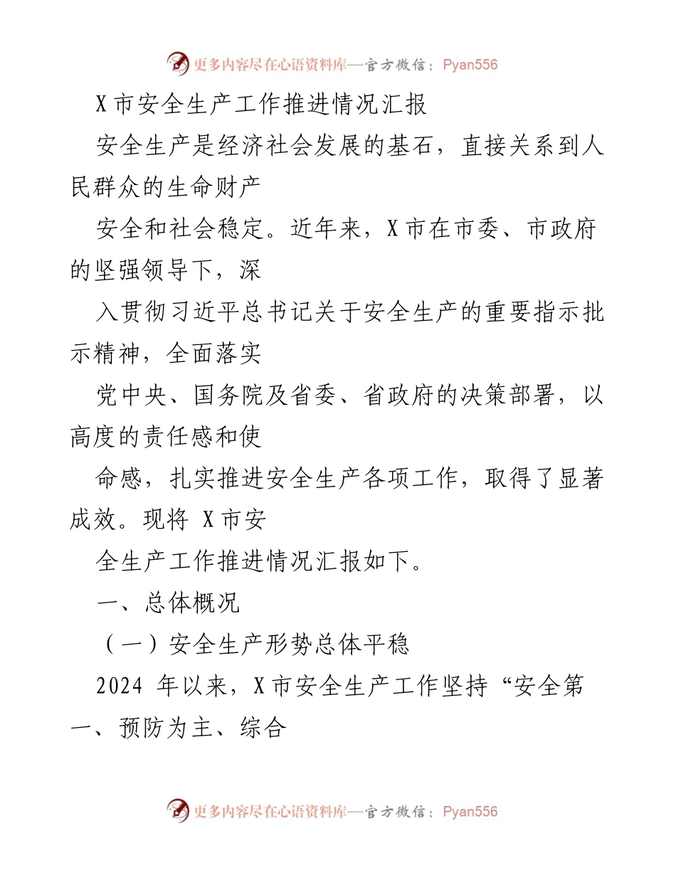 [工作总结] 安全生产 - X市安全生产工作推进情况汇报.docx_第1页