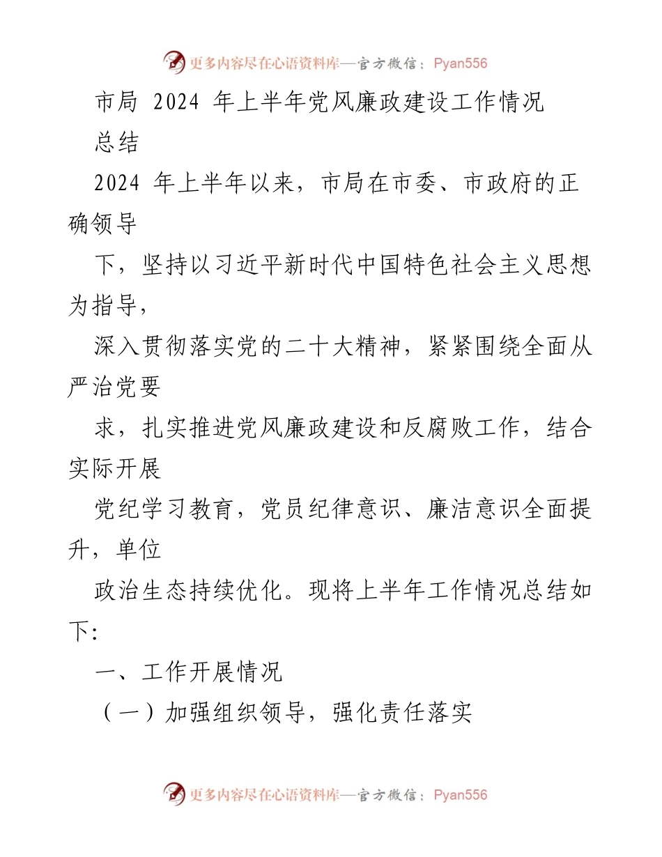 [工作总结] 市局 - 2024年上半年党风廉政建设工作总结.docx_第1页