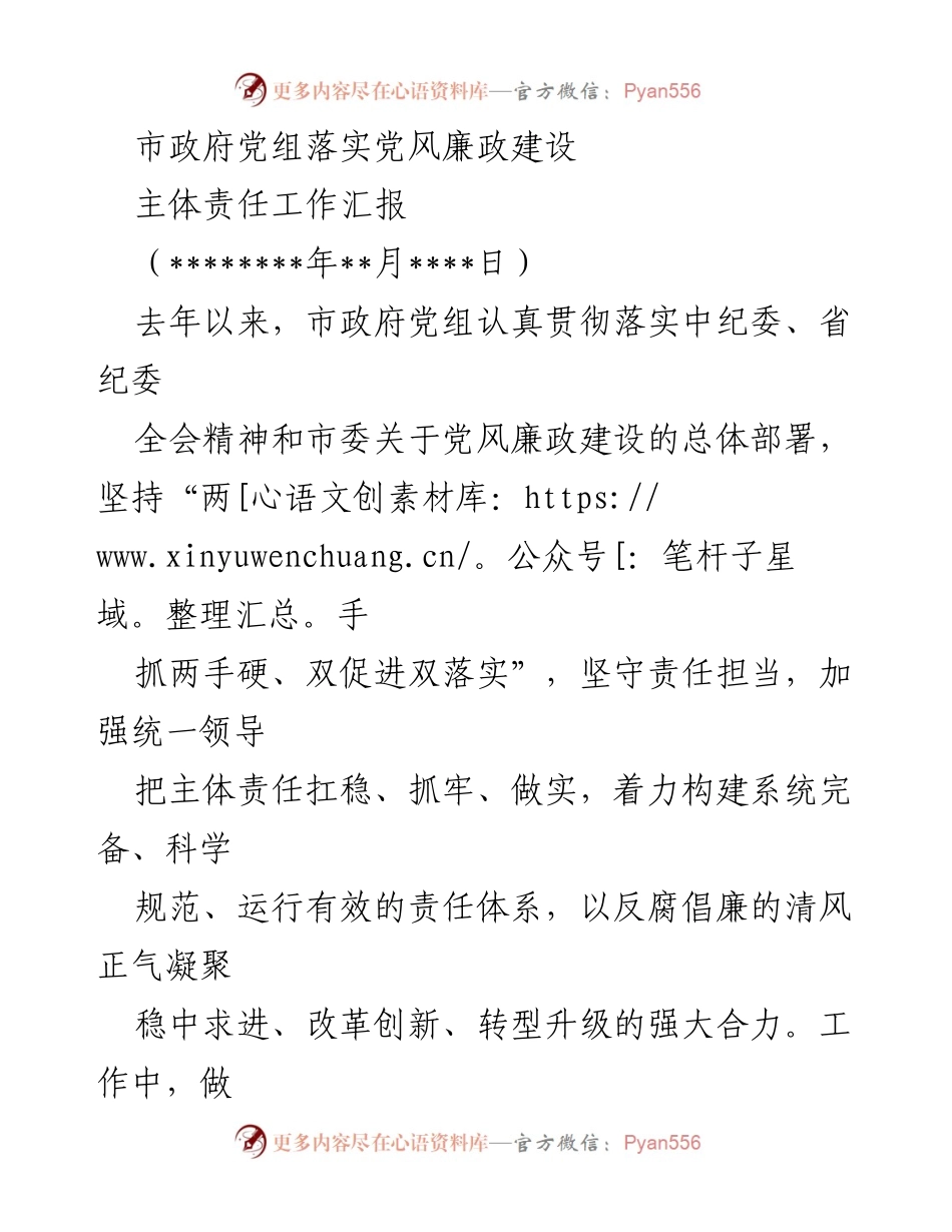 [工作总结] 市政府党组 - 党风廉政建设主体责任落实工作汇报.docx_第1页