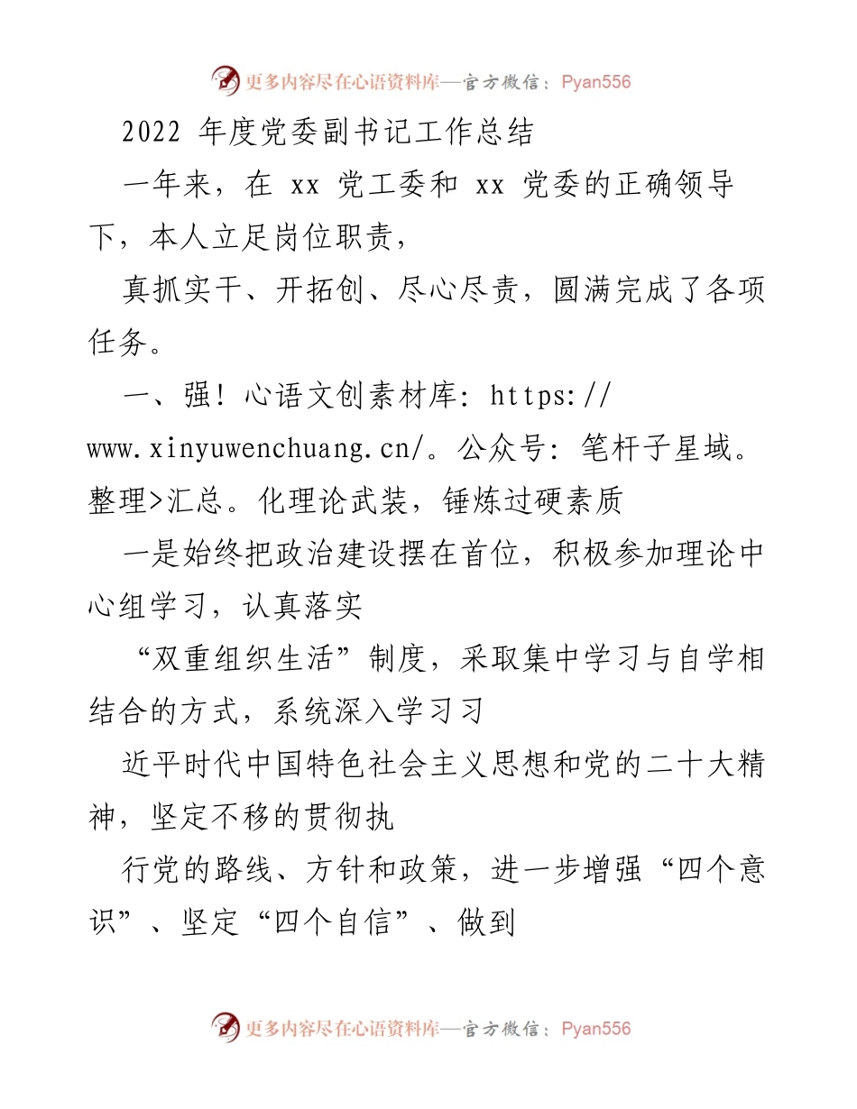 [工作总结] 年度工作回顾 - 2022年度党委副书记工作总结.docx_第1页