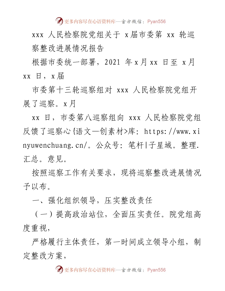 [工作总结] 巡察整改 - xxx人民检察院党组巡察整改进展情况报告.docx_第1页