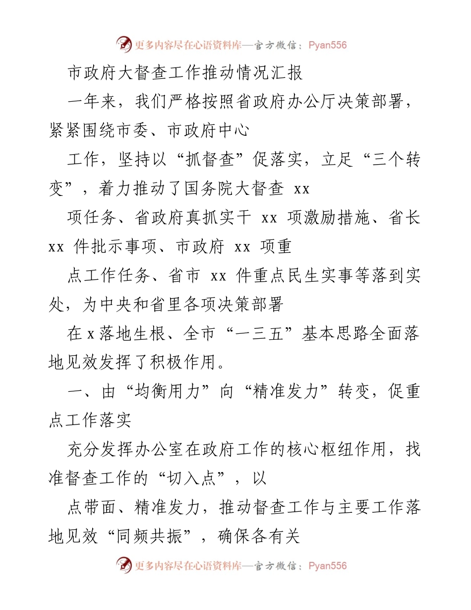 [工作总结] 市政府大督查 - 市政府大督查工作推动情况汇报.docx_第1页
