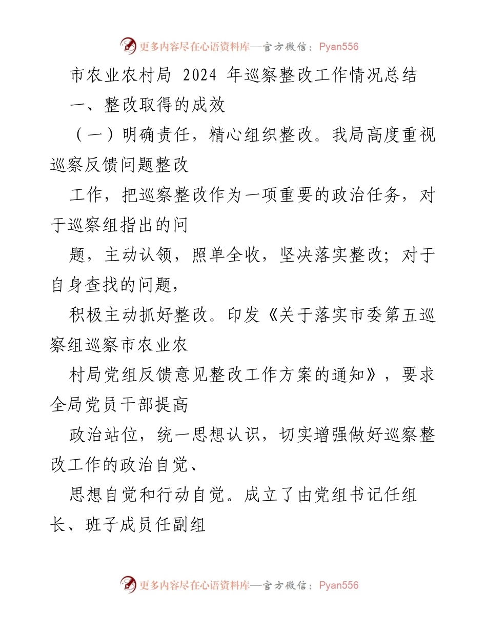 [工作总结] 市农业农村局 - 2024年巡察整改工作成效总结.docx_第1页