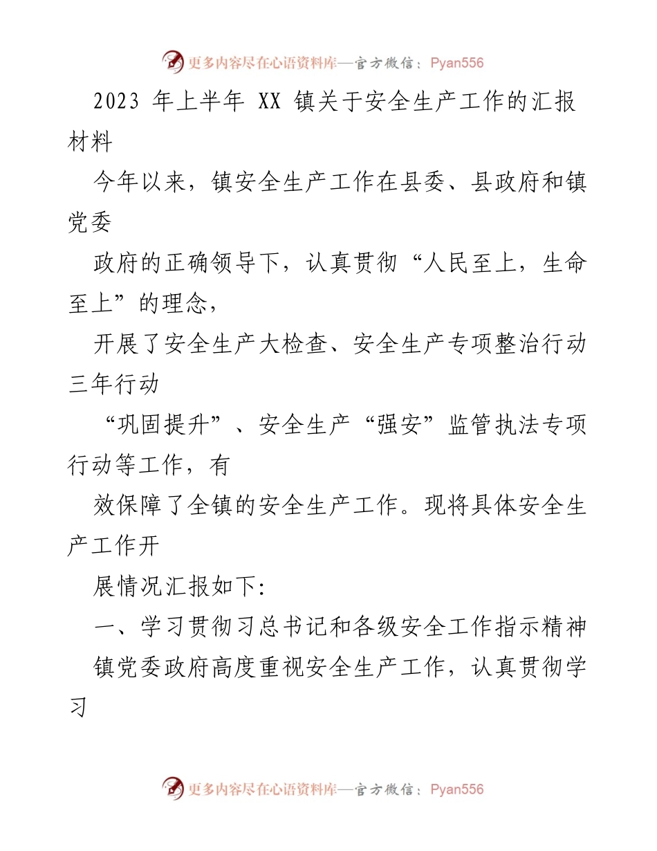 [工作总结] 安全生产工作汇报 - 2023年上半年XX镇安全生产工作总结报告.docx_第1页