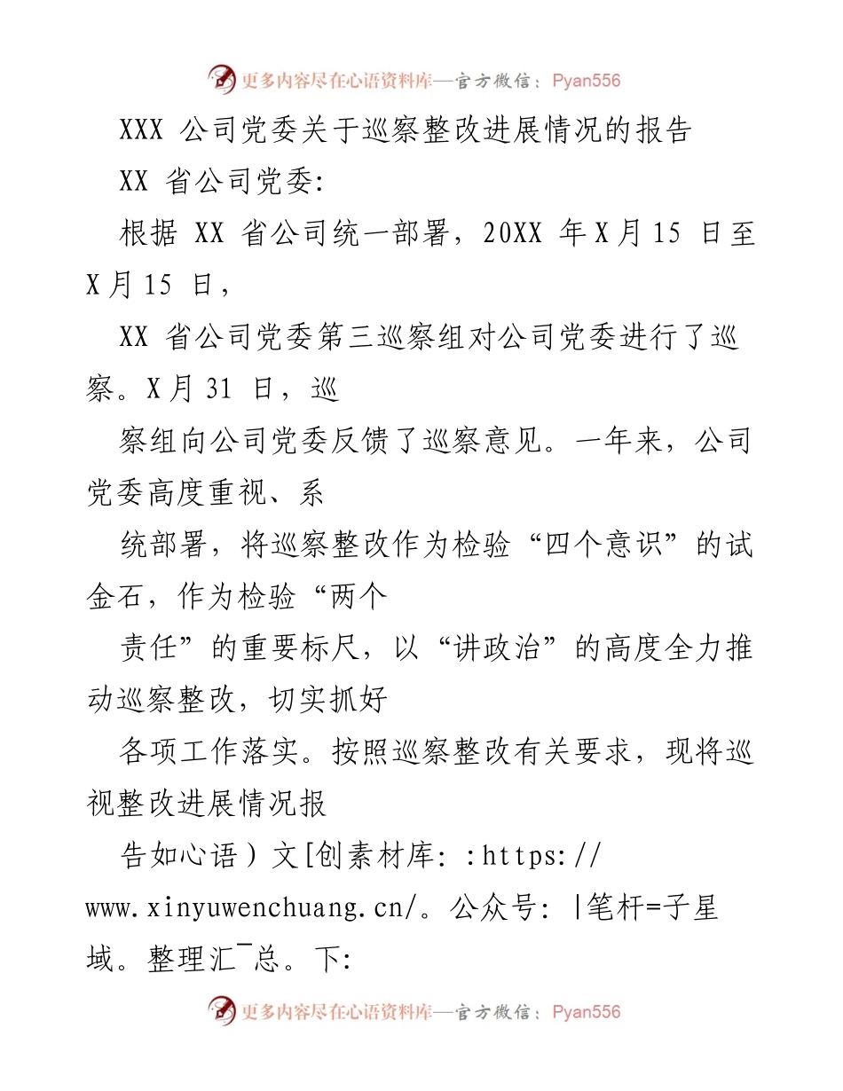 [工作总结] 巡察整改 - XXX 公司党委巡察整改进展情况报告.docx_第1页