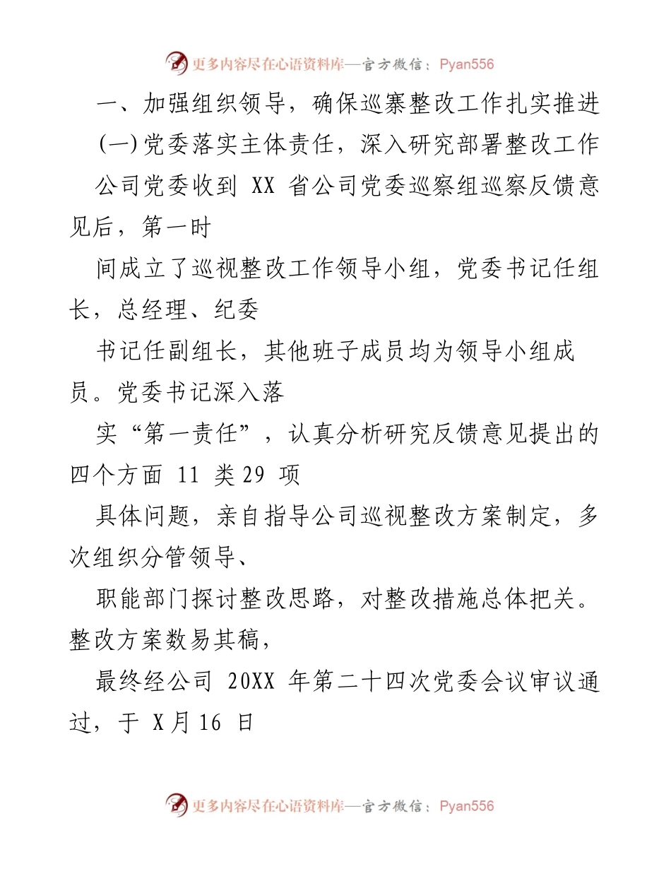 [工作总结] 巡察整改 - XXX 公司党委巡察整改进展情况报告.docx_第2页