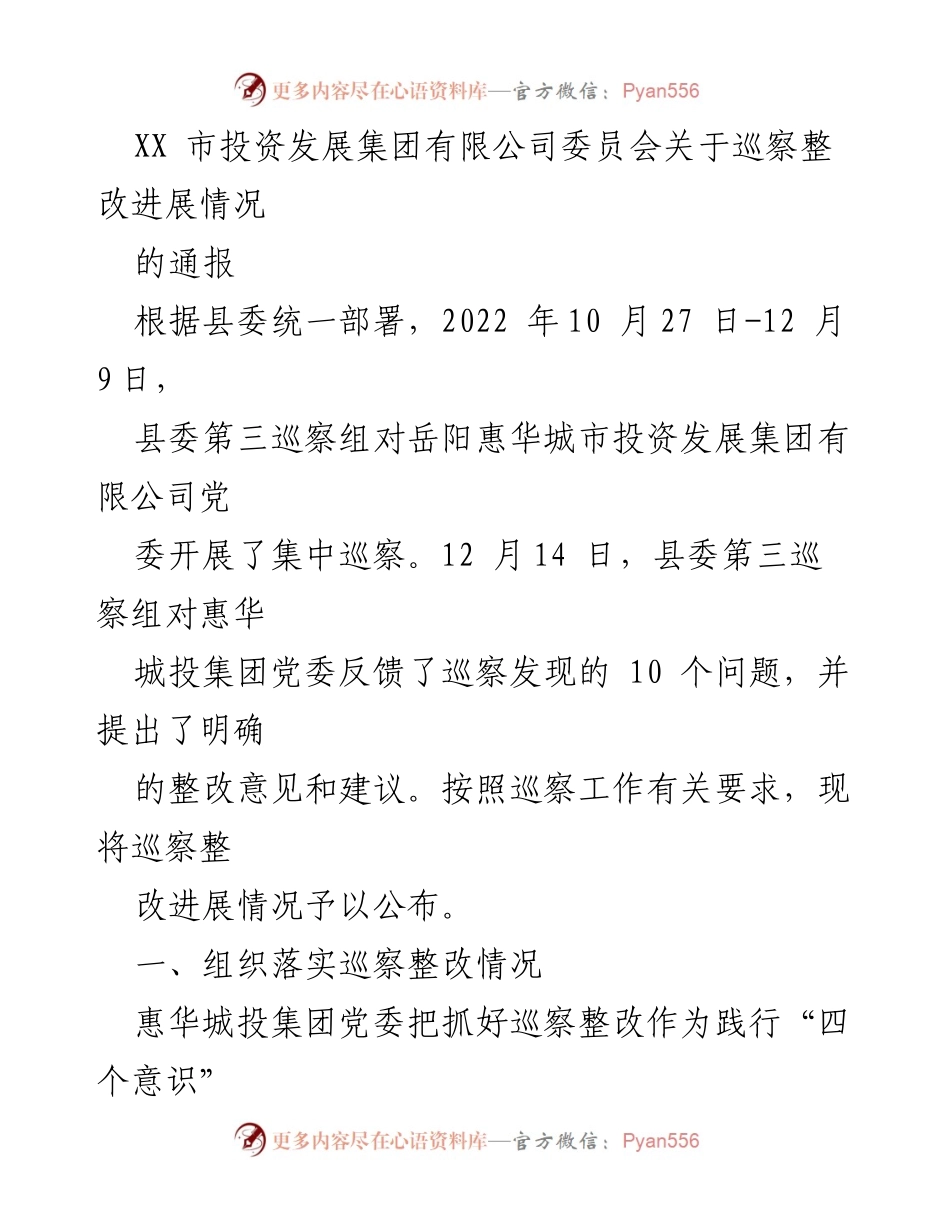 [工作总结] 巡察整改 - XX市投资发展集团有限公司巡察整改进展情况通报.docx_第1页