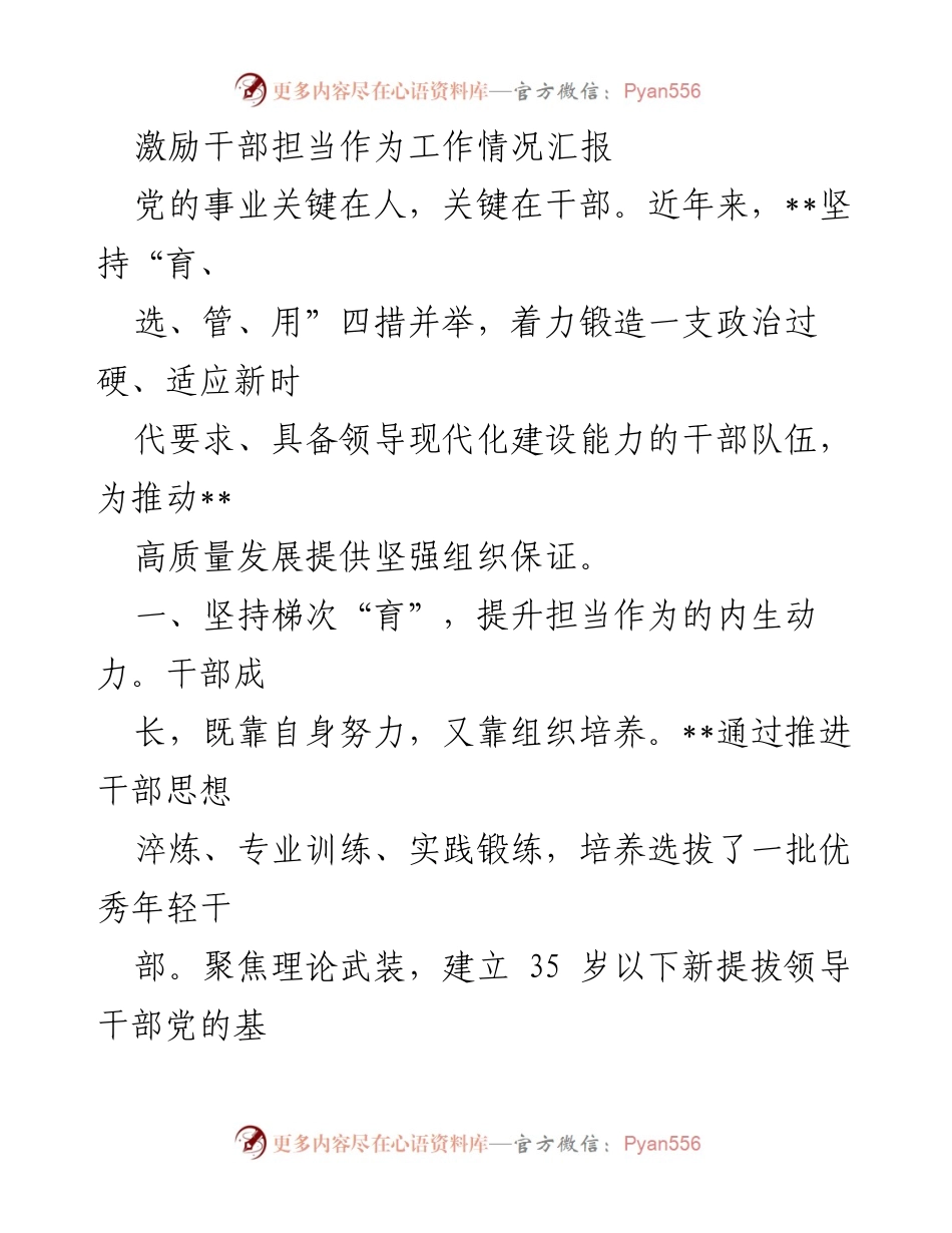 [工作总结] 干部激励会议 - 激励干部担当作为的实践与成效汇报.docx_第1页