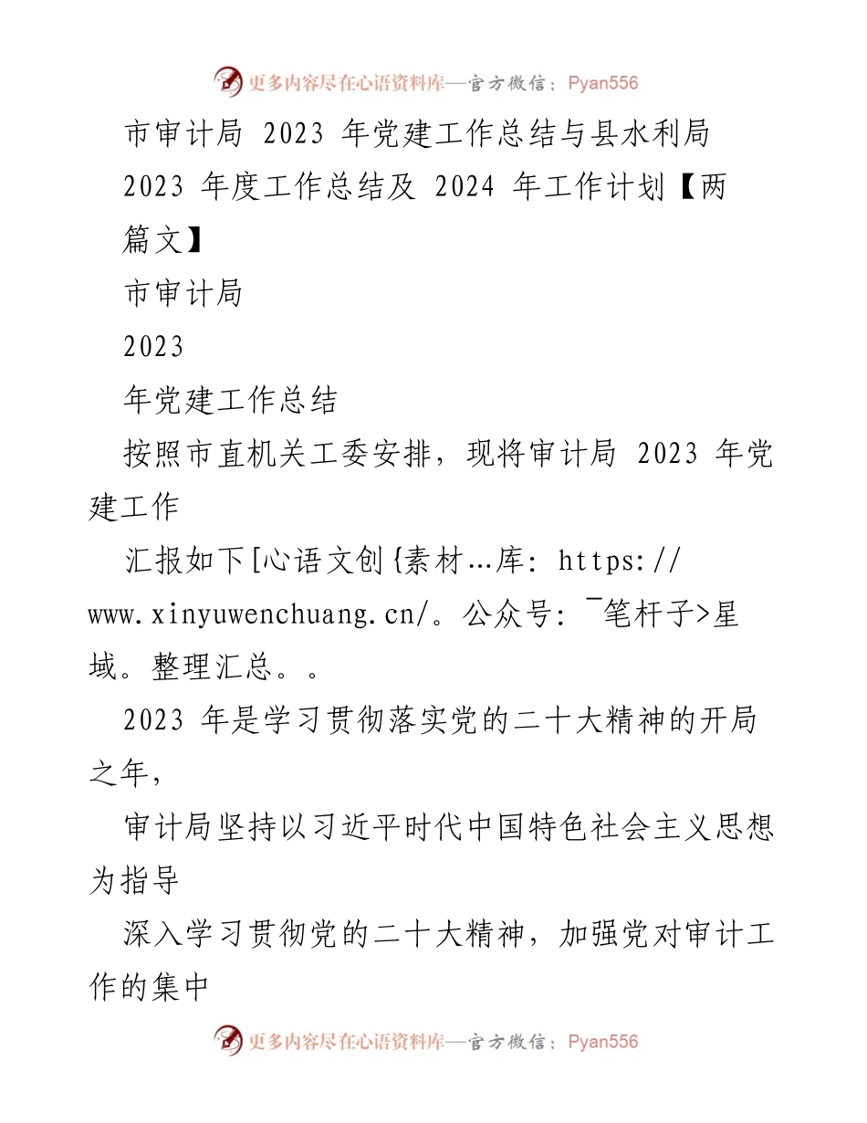 [工作总结] 市审计局 - 2023 年党建工作总结与实施情况报告.docx_第1页