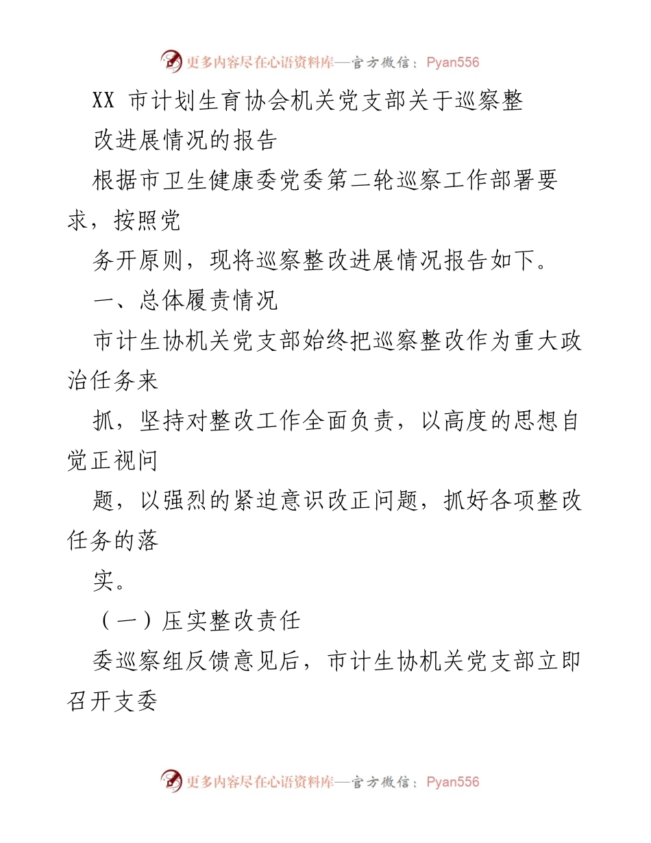 [工作总结] 巡察整改 - XX市计划生育协会机关党支部巡察整改进展情况报告.docx_第1页