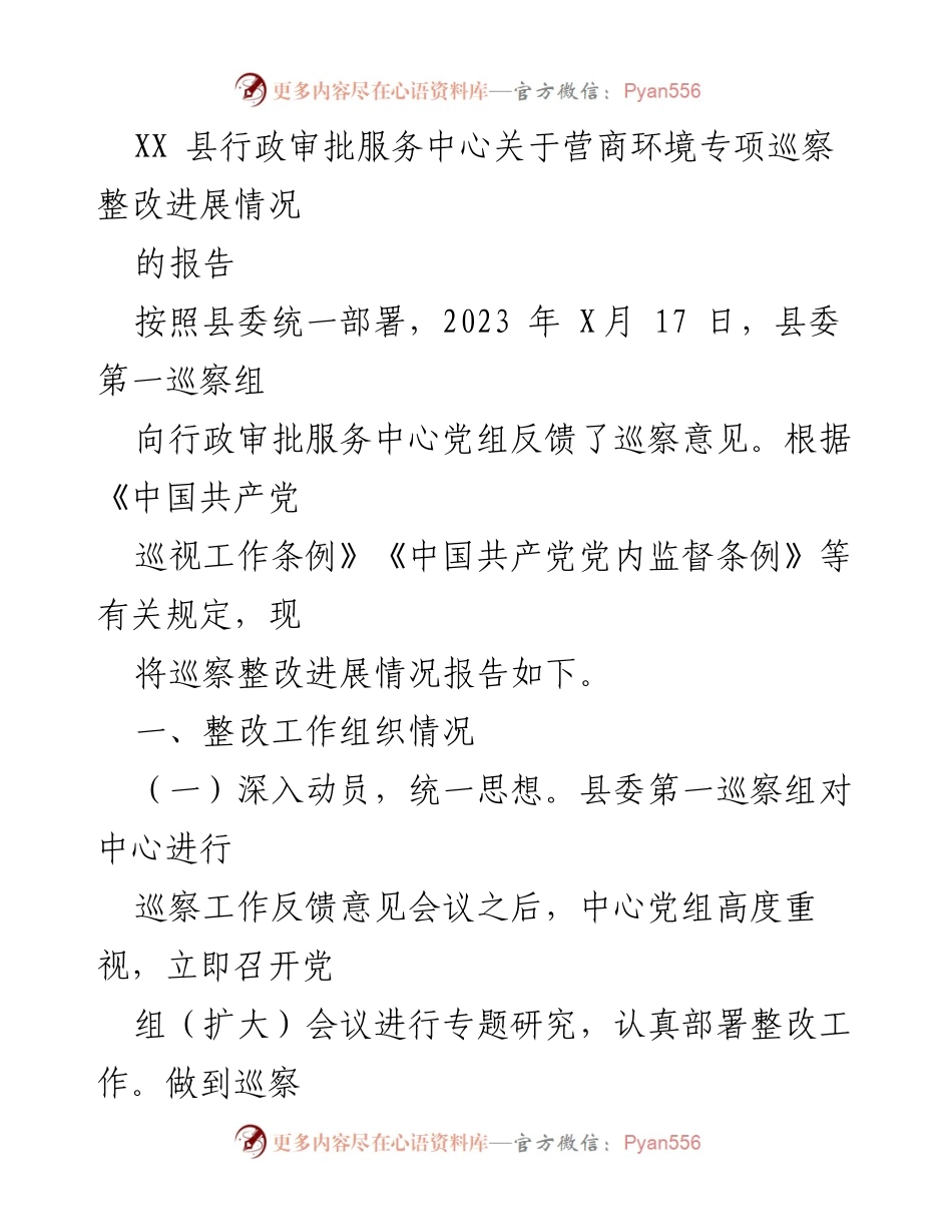 [工作总结] 巡察整改 - XX县行政审批服务中心营商环境专项巡察整改进展报告.docx_第1页