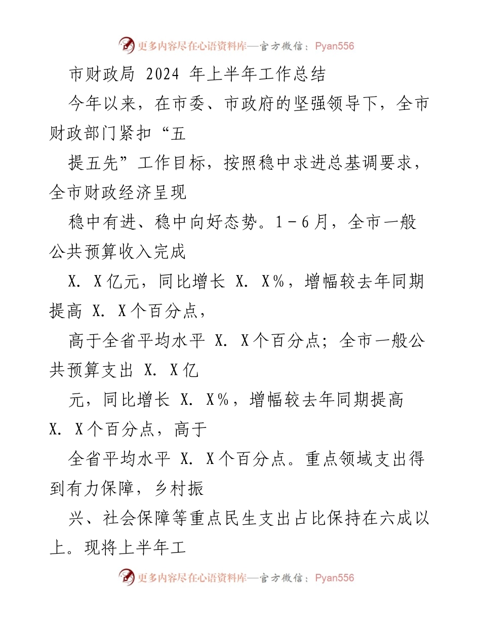 [工作总结] 市财政局 - 2024年上半年财政工作总结报告.docx_第1页
