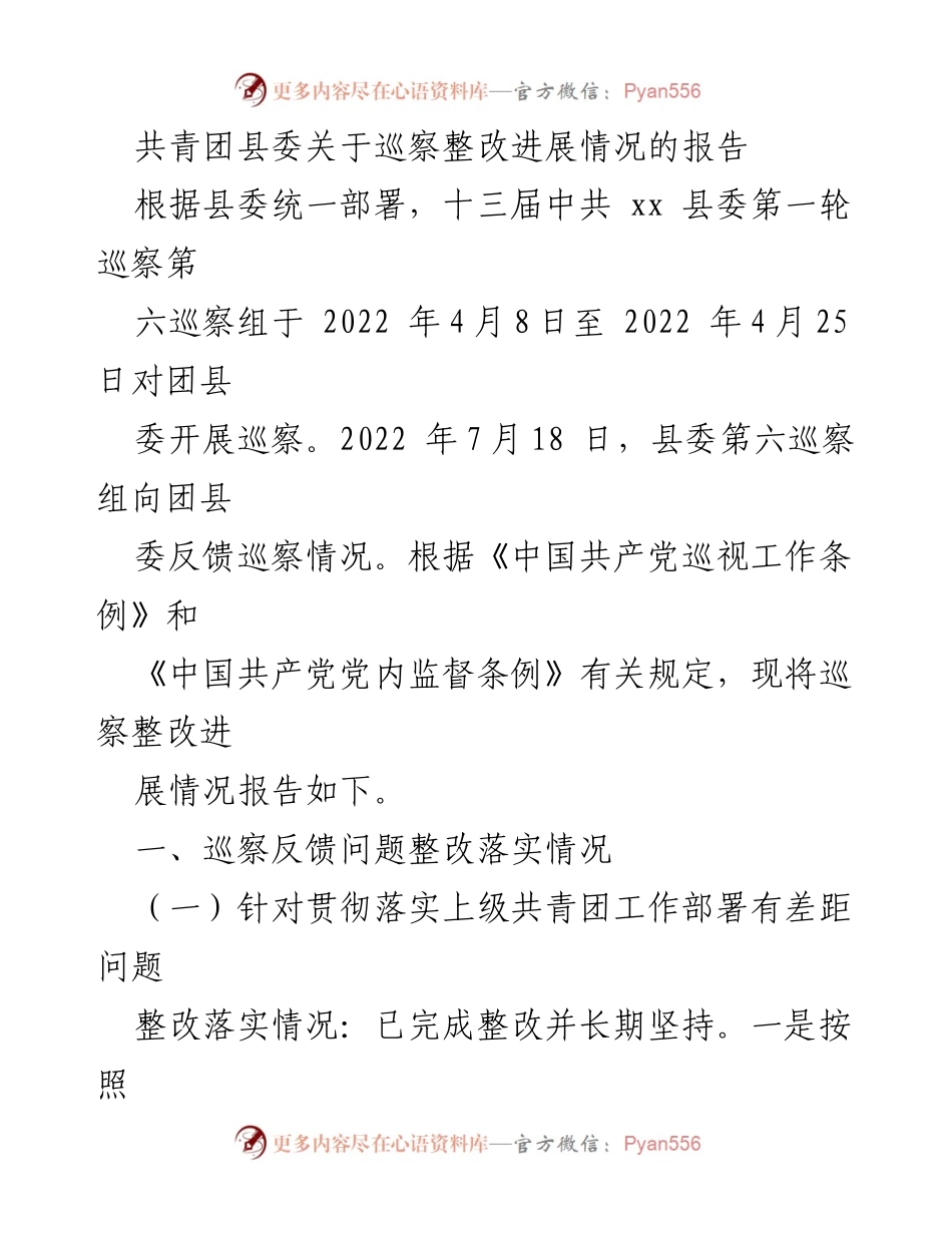[工作总结] 巡察整改 - 共青团县委巡察整改进展情况报告_1.docx_第1页