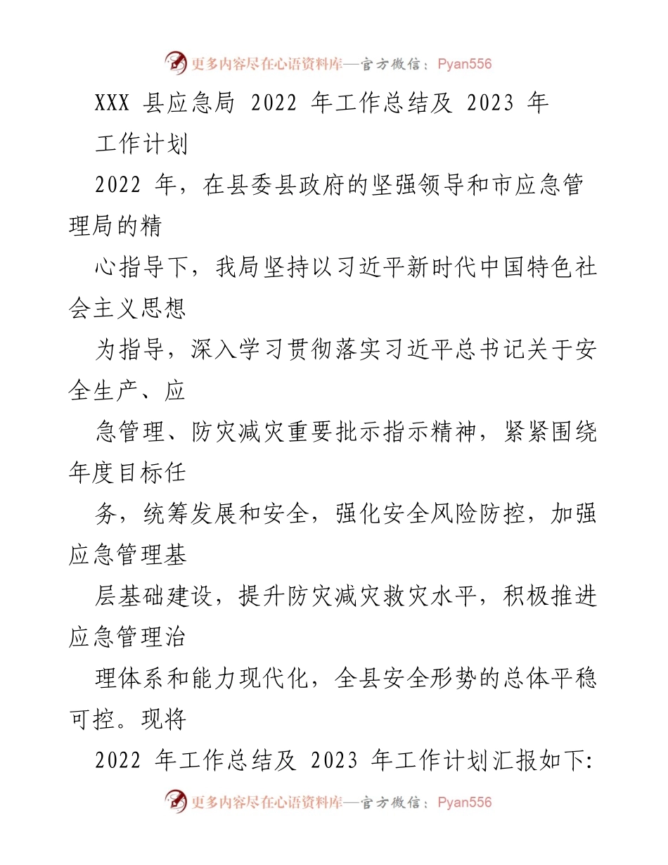 [工作总结] 年度工作会议 - XXX县应急局2022年工作总结与2023年工作计划.docx_第1页