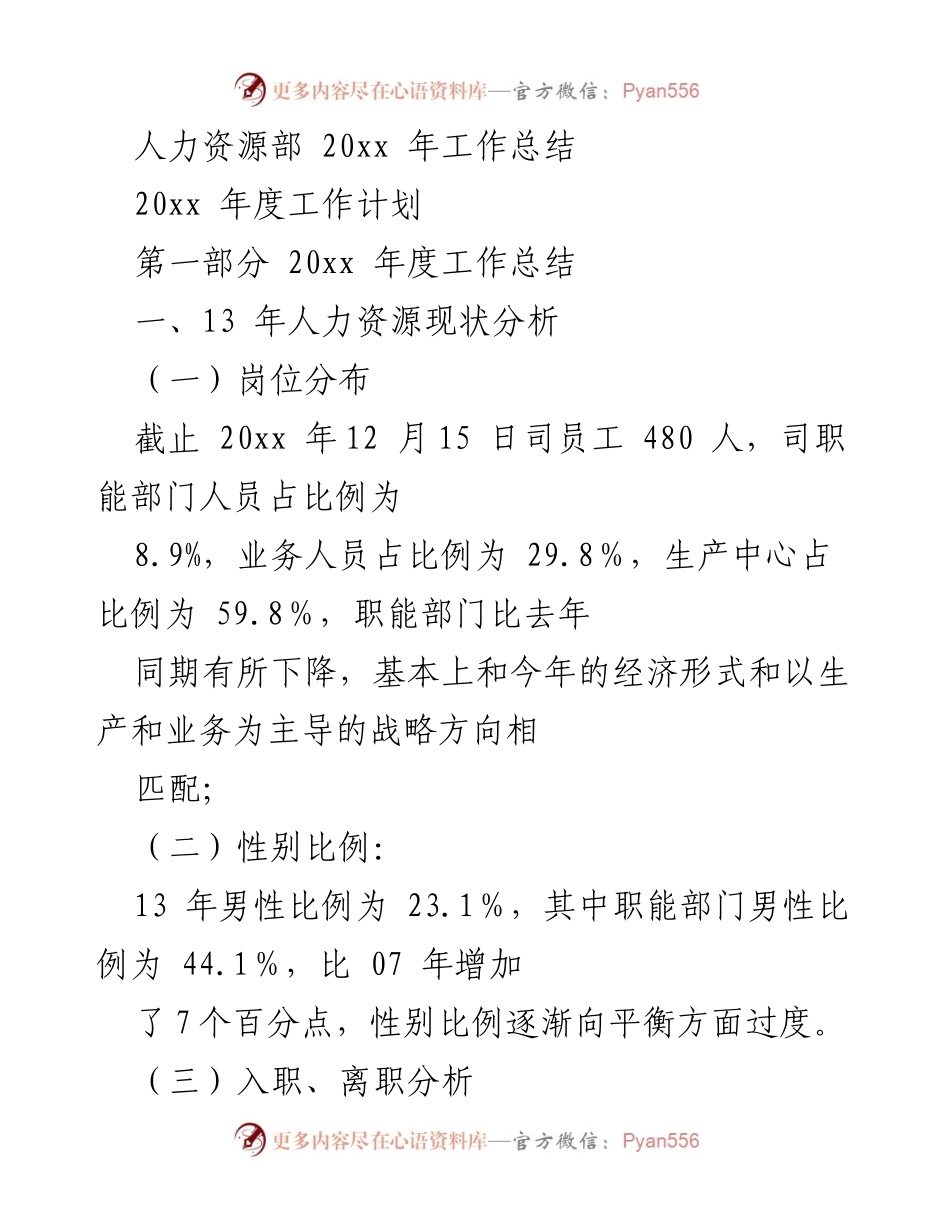 [工作总结] 年度人力资源分析 - 20xx年人力资源部工作总结与计划.docx_第1页
