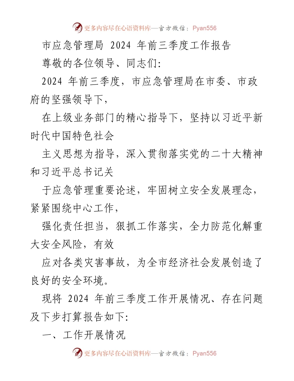 [工作总结] 市应急管理局 - 2024年前三季度安全生产工作总结报告.docx_第1页