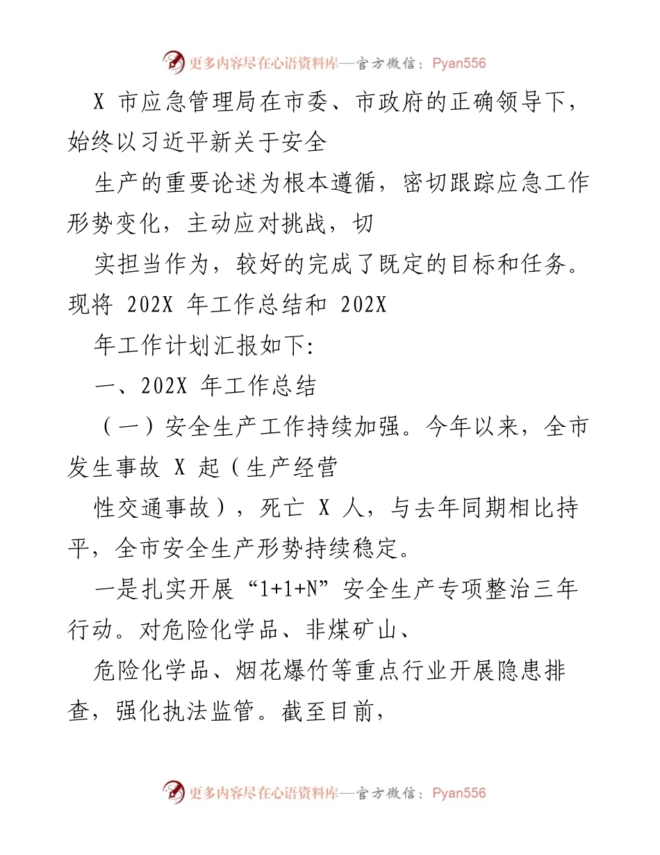 [工作总结] 年度工作汇报 - X市应急管理局202X年工作总结与202X年工作计划.docx_第1页