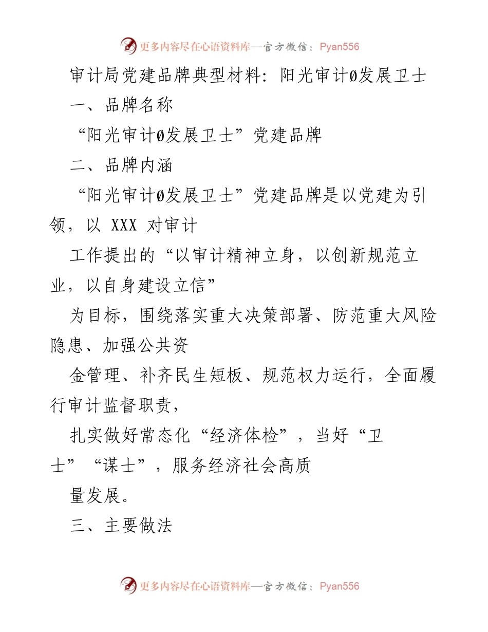 [工作总结] 审计局党建工作 - 阳光审计：打造发展卫士的党建品牌.docx_第1页