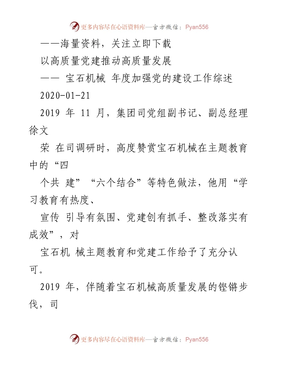 [工作总结] 年度党建工作 - 宝石机械2020年度党建工作综述与成效分析.docx_第1页
