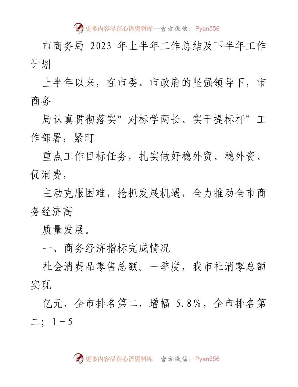 [工作总结] 市商务局 - 2023年上半年工作总结及下半年工作计划.docx_第1页