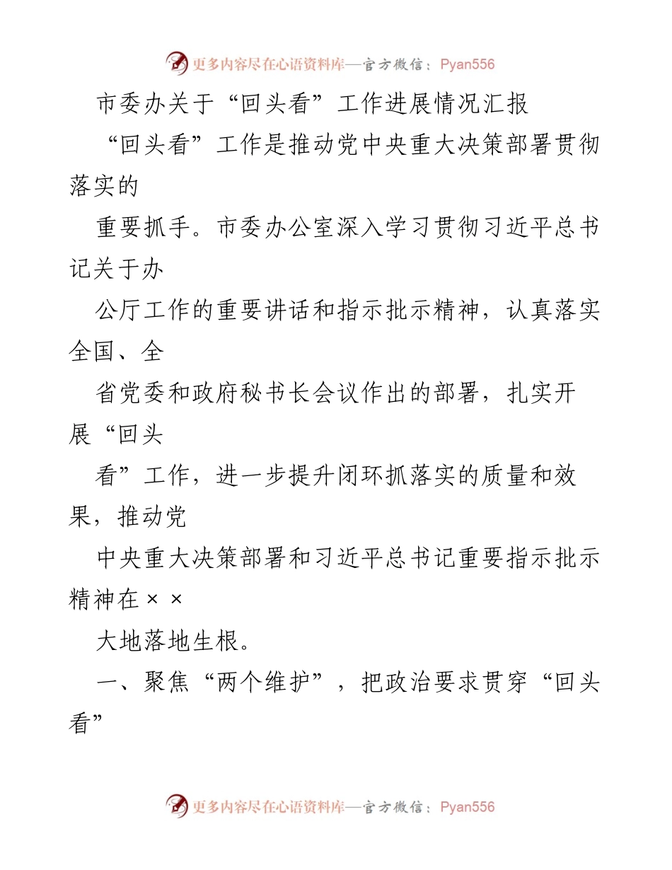 [工作总结] 市委办公室 - “回头看”工作进展情况汇报.docx_第1页