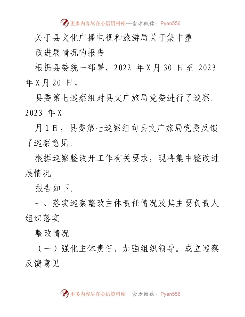 [工作总结] 巡察整改 - 县文广旅局巡察整改进展情况报告.docx_第1页