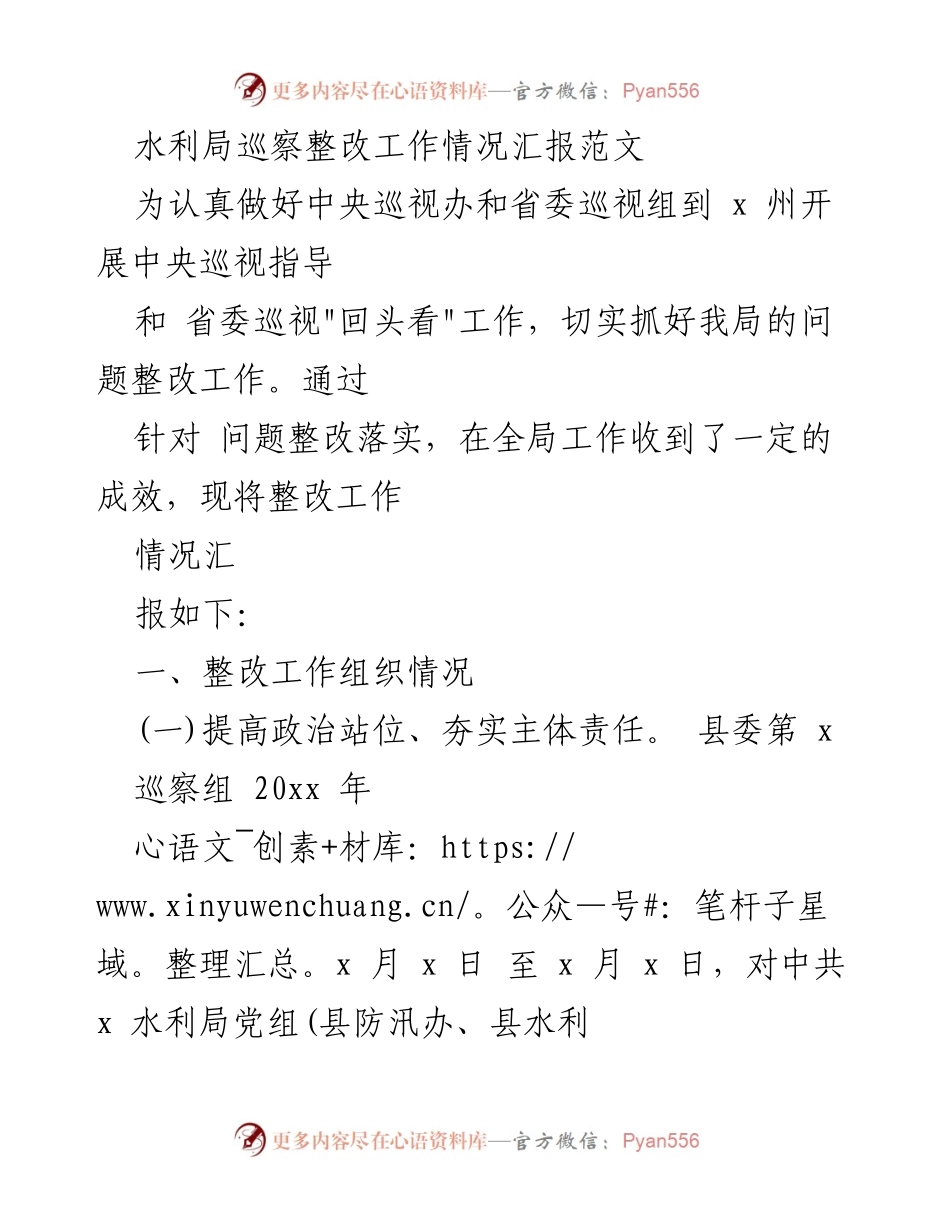 [工作总结] 巡察整改 - 水利局巡察整改工作情况汇报.docx_第1页