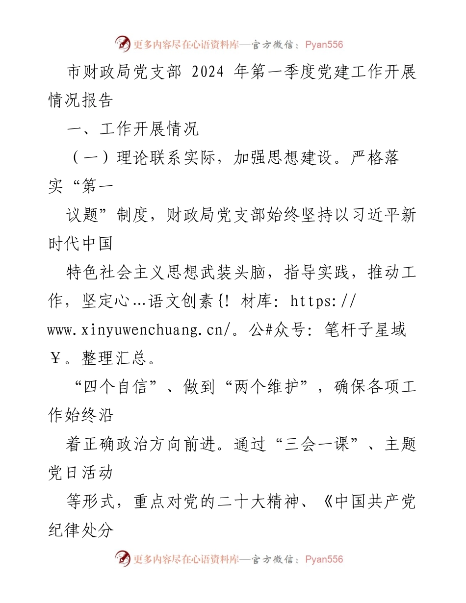 [工作总结] 市财政局党支部 - 2024年第一季度党建工作开展情况报告.docx_第1页