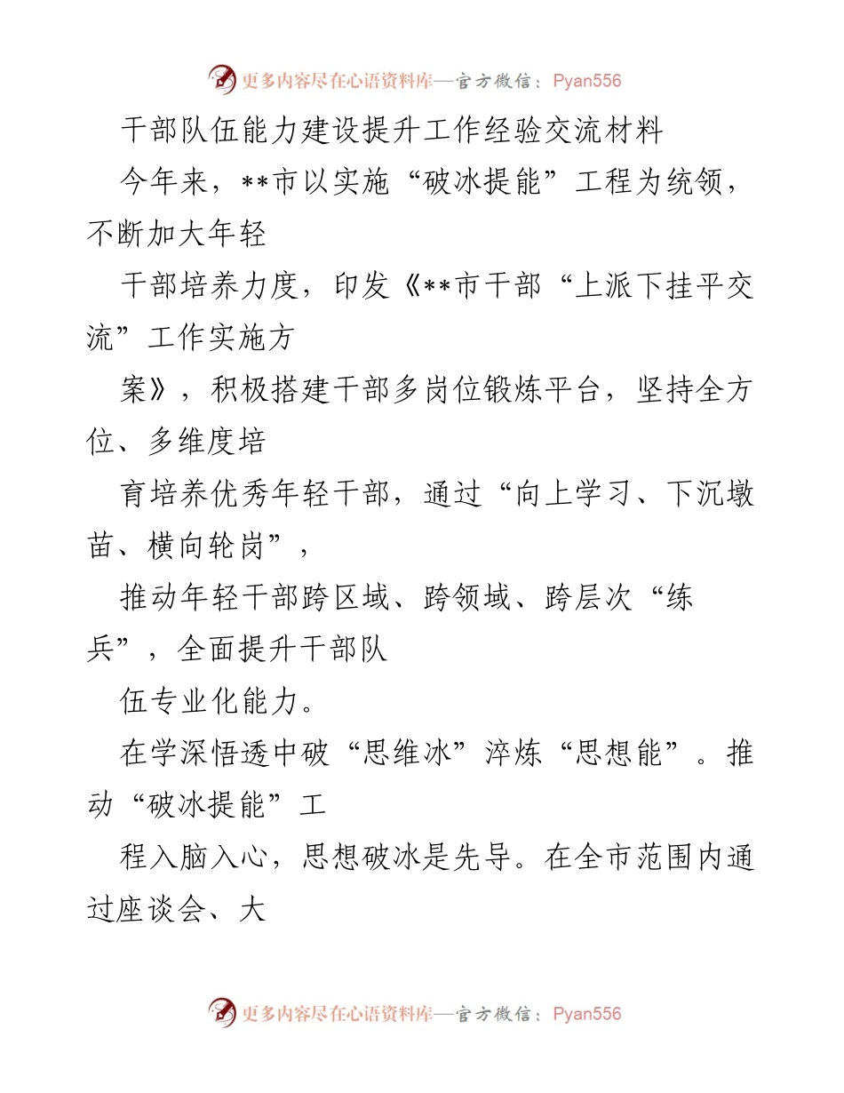 [工作总结] 干部队伍能力建设 - 提升年轻干部能力的经验交流与实践探索.docx_第1页